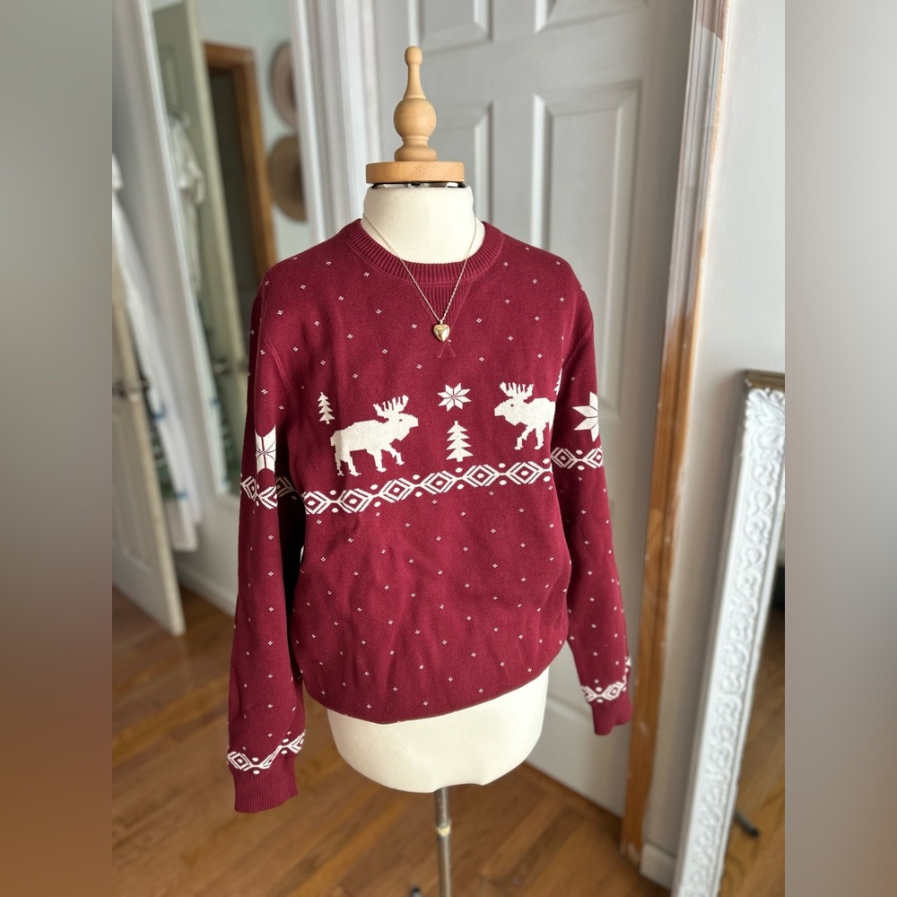 NWT Chaps Ralph Lauren Burgundy White Geometric Sweater oversized SZ cotton